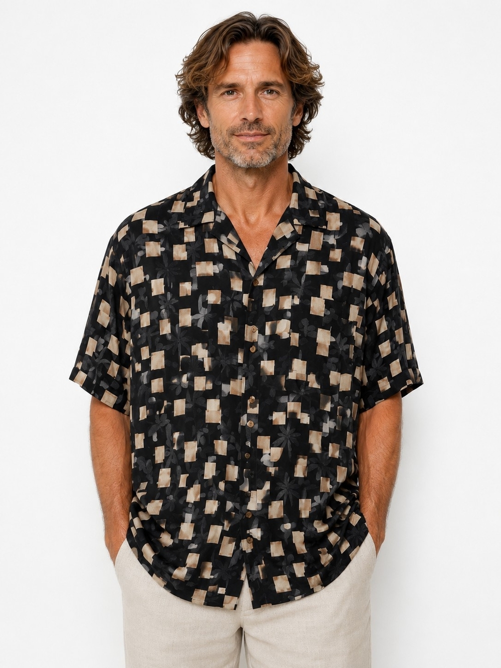 Joseph & Feiss Black & Beige Geometric Button Down Silk Camp Shirt XL